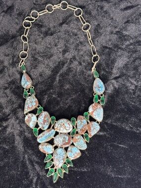 Turquoise Chocolate Matrix  Bib Necklace, .925 signed?  - Women Jewelry